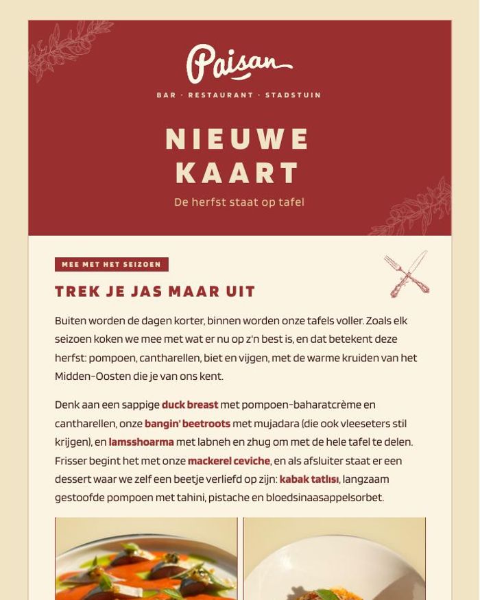 Voorkant van de herfstnieuwsbrief van Paisan: nieuwe kaart, de herfst staat op tafel